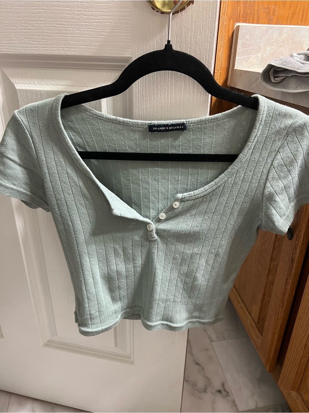 Brandy Melville Sage Ribbed Short-Sleeve Button Crop Top